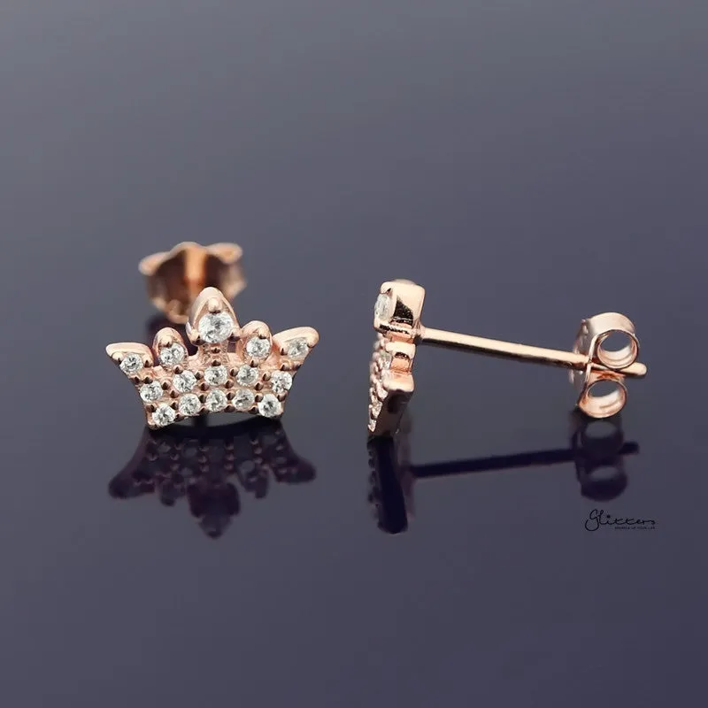 Sterling Silver CZ Paved Crown Stud Earrings - Rose Gold