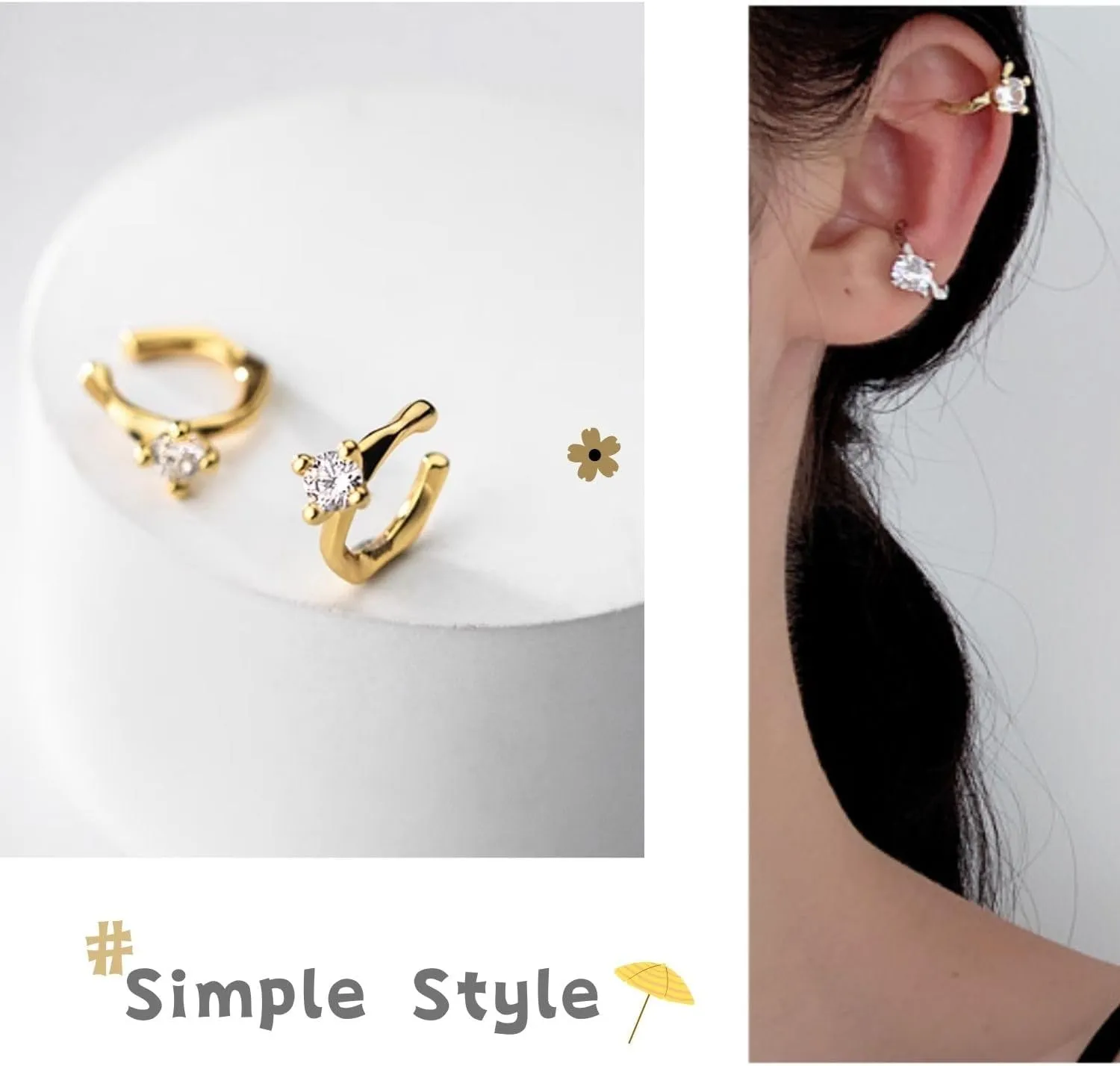 Sterling Silver Ear Cuff for Women, Cubic Zirconia No Piercing Ear Clip, Minimalist Fake Earrings, Unique Ear Cartilage Clip