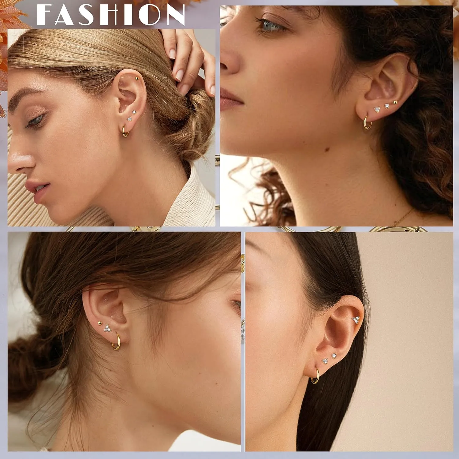Sterling Silver Huggie Hoop Earrings Studs Set for Women 14K Gold Plated Small Cartilage Earring for Multiple Piercing Hypoallergenic Tiny CZ Earrings 7 Pairs