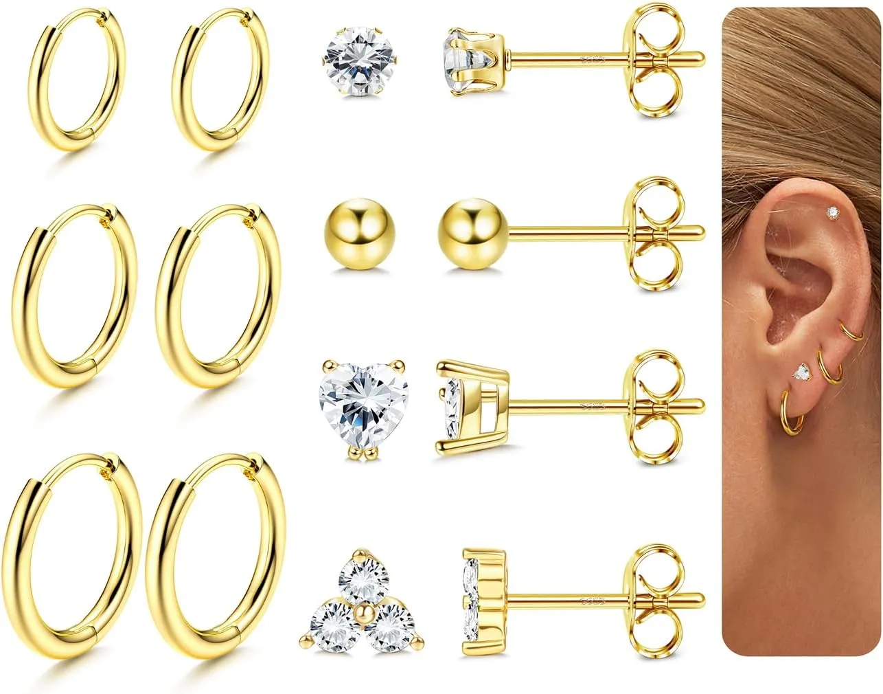 Sterling Silver Huggie Hoop Earrings Studs Set for Women 14K Gold Plated Small Cartilage Earring for Multiple Piercing Hypoallergenic Tiny CZ Earrings 7 Pairs