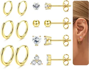 Sterling Silver Huggie Hoop Earrings Studs Set for Women 14K Gold Plated Small Cartilage Earring for Multiple Piercing Hypoallergenic Tiny CZ Earrings 7 Pairs