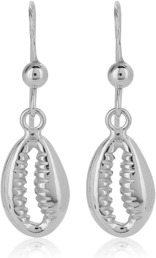 Sterling Silver Jewelry - Rhodium Plated with 925 Stamp - Sea Theme Cowrie Shell Drop Earring - Elegant Beautifully Handcrafted for Women