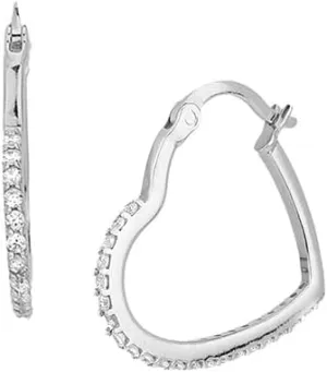 Sterling Silver Jewelry - Rhodium Plated with 925 Stamp - Studded Heart Hoop Earring with Cubic Zirconia Stone - Elegant Beautifully Handcrafted for Women