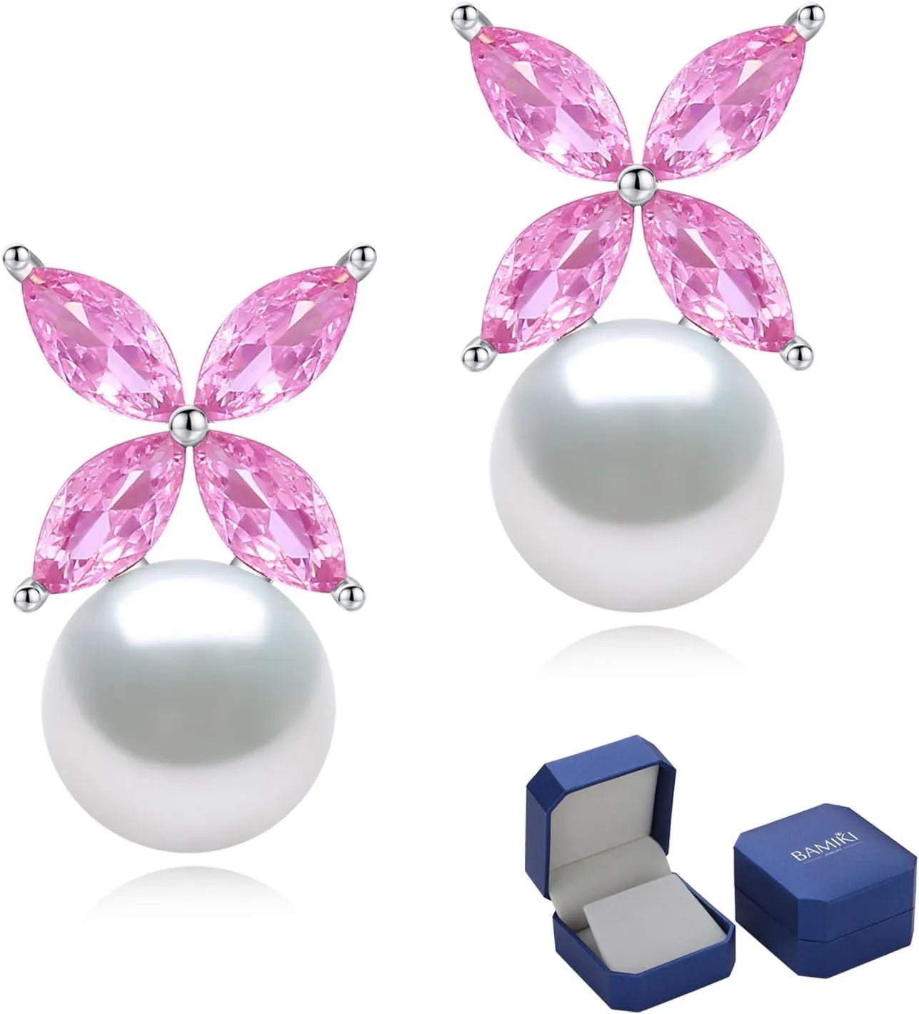 Sterling Silver Pearl Earrings for Women, Marquise Cubic Zirconia Clover Stud Earrings 18K White Gold Plated, 8.5MM Freshwater Cultured Pearls Jewelry Gifts Hypoallergenicty