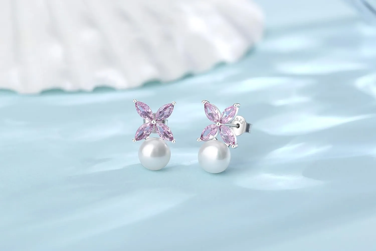 Sterling Silver Pearl Earrings for Women, Marquise Cubic Zirconia Clover Stud Earrings 18K White Gold Plated, 8.5MM Freshwater Cultured Pearls Jewelry Gifts Hypoallergenicty