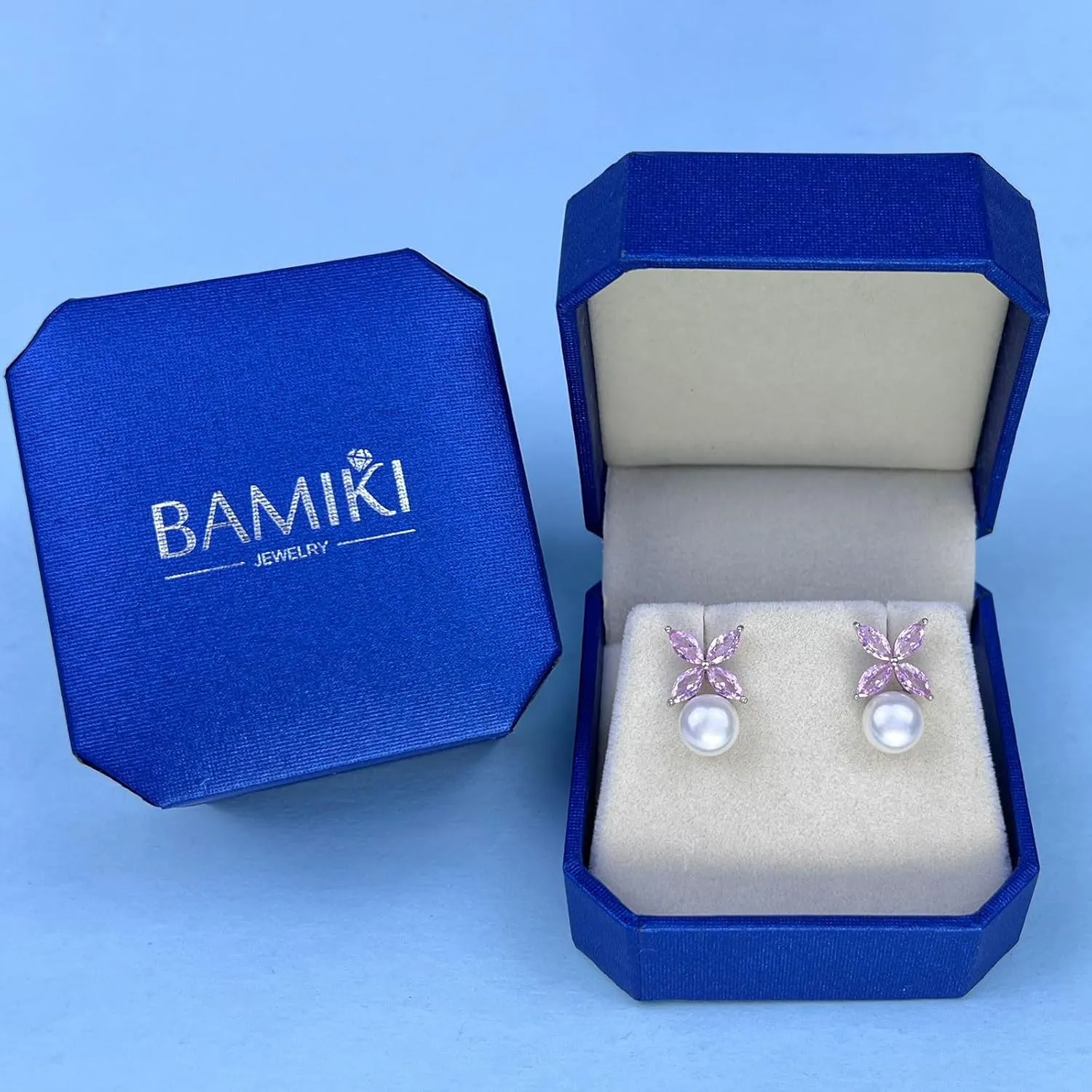 Sterling Silver Pearl Earrings for Women, Marquise Cubic Zirconia Clover Stud Earrings 18K White Gold Plated, 8.5MM Freshwater Cultured Pearls Jewelry Gifts Hypoallergenicty