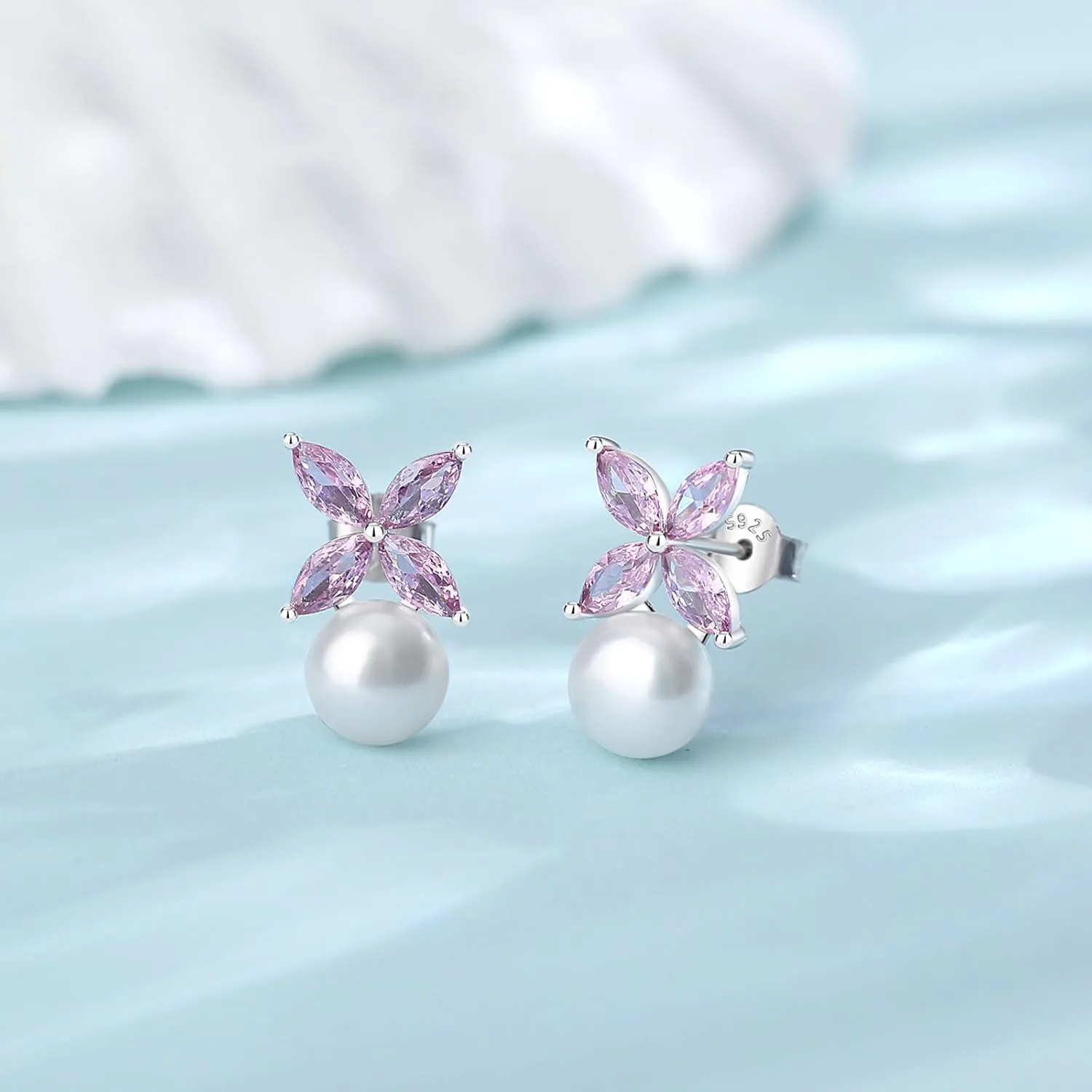 Sterling Silver Pearl Earrings for Women, Marquise Cubic Zirconia Clover Stud Earrings 18K White Gold Plated, 8.5MM Freshwater Cultured Pearls Jewelry Gifts Hypoallergenicty
