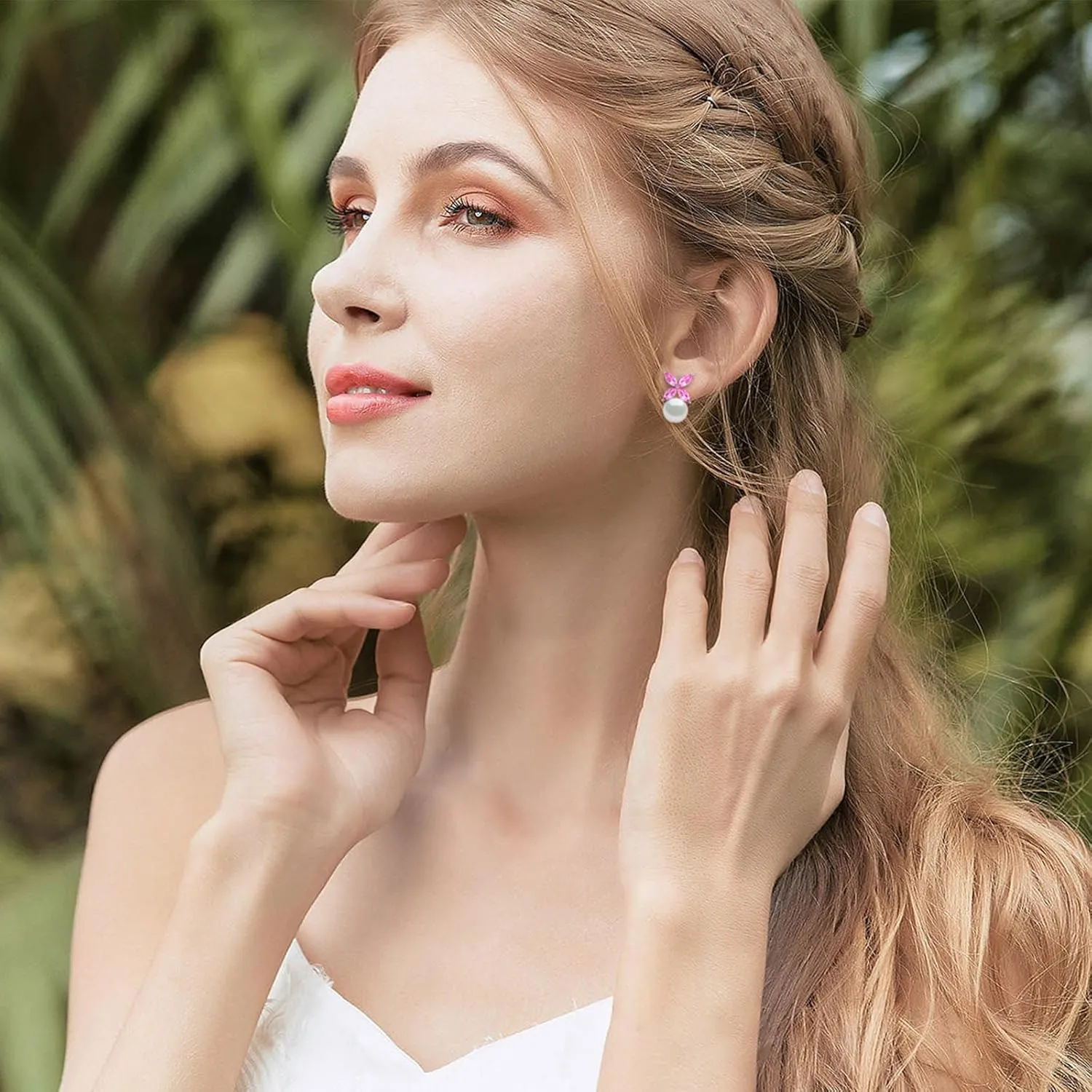 Sterling Silver Pearl Earrings for Women, Marquise Cubic Zirconia Clover Stud Earrings 18K White Gold Plated, 8.5MM Freshwater Cultured Pearls Jewelry Gifts Hypoallergenicty