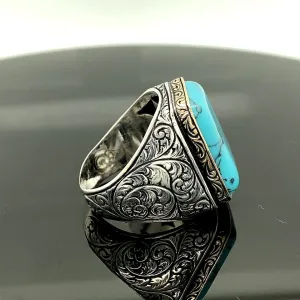 Sterling Silver Ring, Turquoise Stone, Men Rings, Natural Stone, Handcrafted Ottoman Men Ring, Turkish handmade