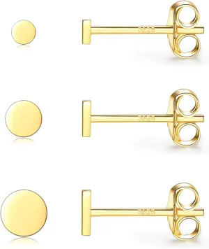 Sterling Silver Stud Earrings for Women Men, 3 Pairs Tiny Flat Dot Earrings Set | Small Round Disc Stud Earrings Dainty Cartilage Tragus Circle Triangle Earrings(Silver/Gold/Rose Gold)