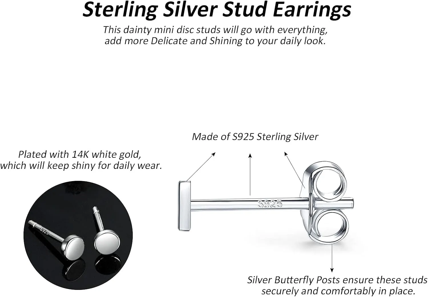 Sterling Silver Stud Earrings for Women, Tiny Flat Dot Earrings Set | Small Hypoallergenic Circle Stud Earrings | Dainty Round Tragus Cartilage Studs for Men (2mm/3mm/4mm)