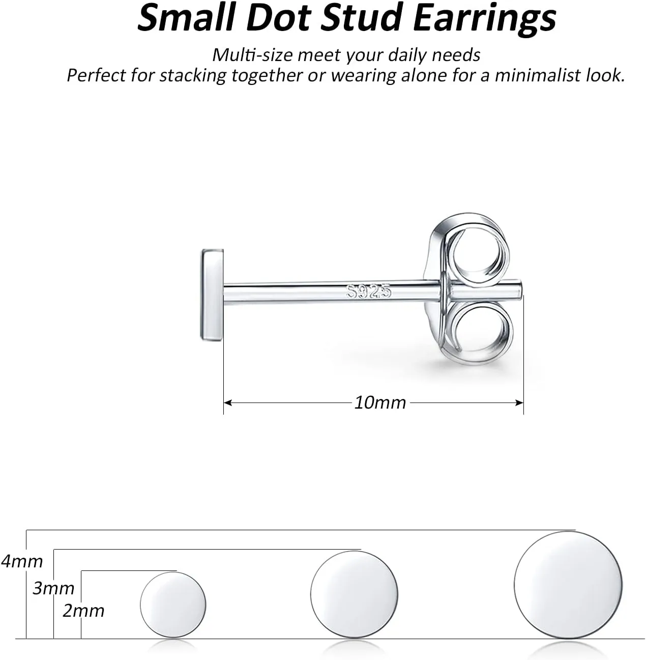 Sterling Silver Stud Earrings for Women, Tiny Flat Dot Earrings Set | Small Hypoallergenic Circle Stud Earrings | Dainty Round Tragus Cartilage Studs for Men (2mm/3mm/4mm)