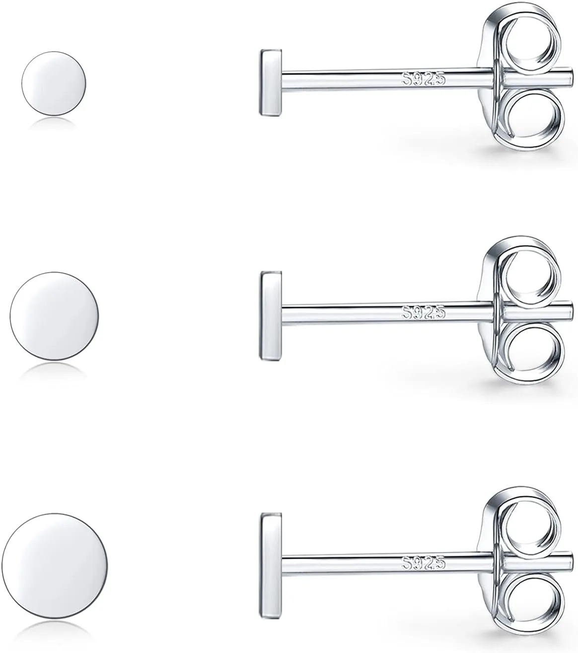 Sterling Silver Stud Earrings for Women, Tiny Flat Dot Earrings Set | Small Hypoallergenic Circle Stud Earrings | Dainty Round Tragus Cartilage Studs for Men (2mm/3mm/4mm)