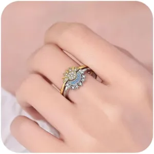 Sun and Moon Rings Fashion Jewelry Gold and Silver CZ Crystal Diamond Sun and Moon 2 pcs Rings Set for Couple