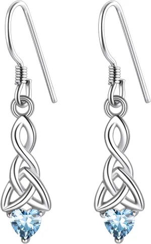Suplight 925 Sterling Silver Dainty Celtic Knot Heart Dangle Earrings/Pendant Necklace with Birthstone, Irish Celtic Jewelry for Women (with Gift Box)