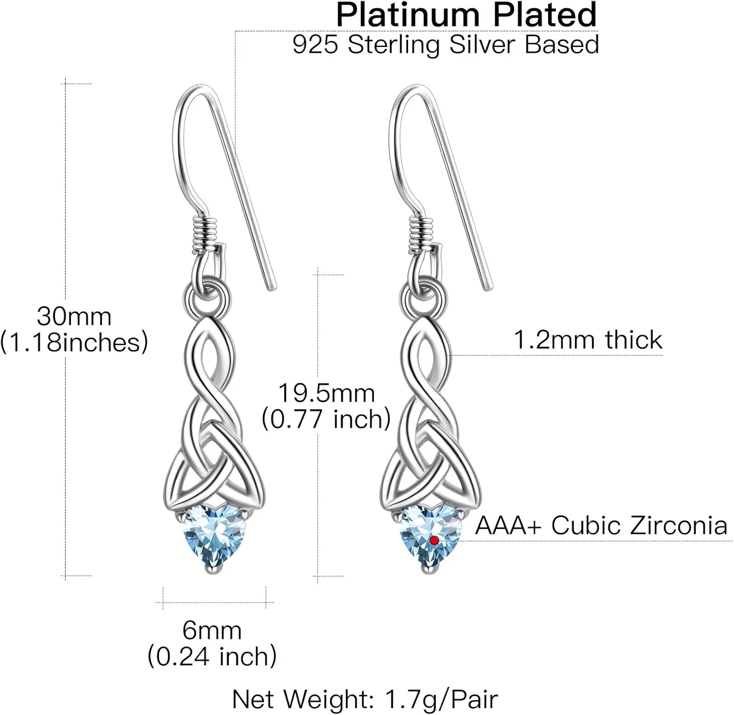 Suplight 925 Sterling Silver Dainty Celtic Knot Heart Dangle Earrings/Pendant Necklace with Birthstone, Irish Celtic Jewelry for Women (with Gift Box)