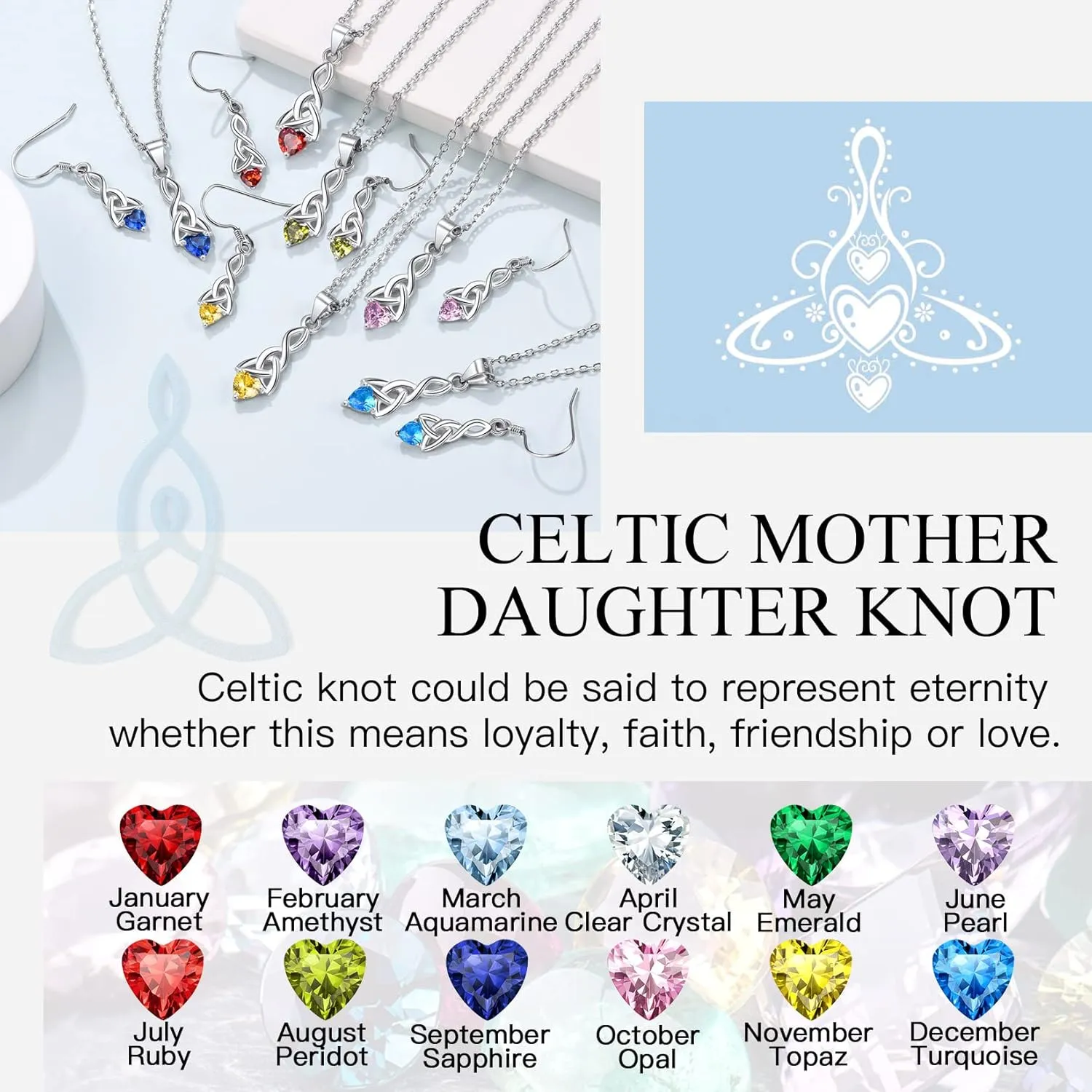 Suplight 925 Sterling Silver Dainty Celtic Knot Heart Dangle Earrings/Pendant Necklace with Birthstone, Irish Celtic Jewelry for Women (with Gift Box)