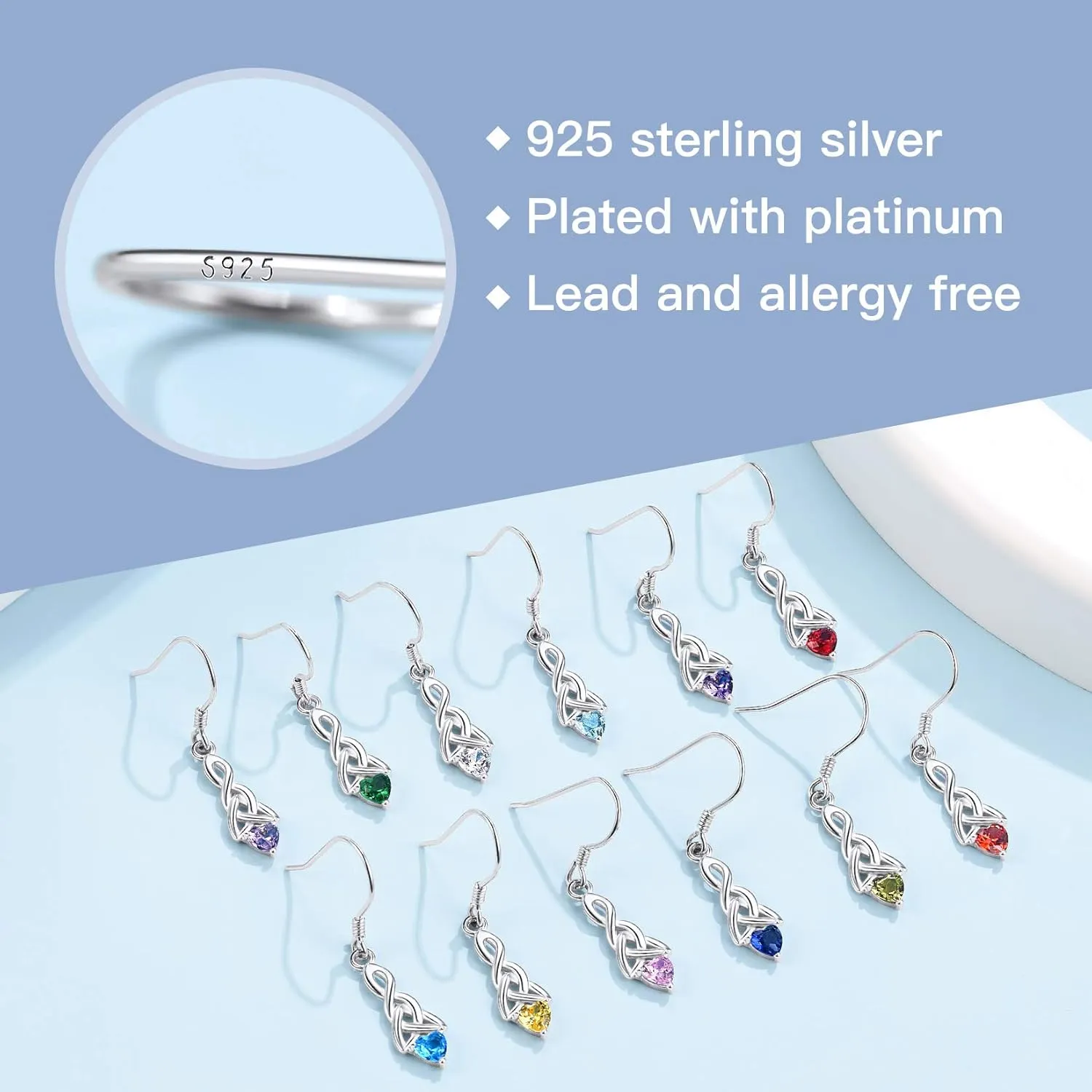 Suplight 925 Sterling Silver Dainty Celtic Knot Heart Dangle Earrings/Pendant Necklace with Birthstone, Irish Celtic Jewelry for Women (with Gift Box)