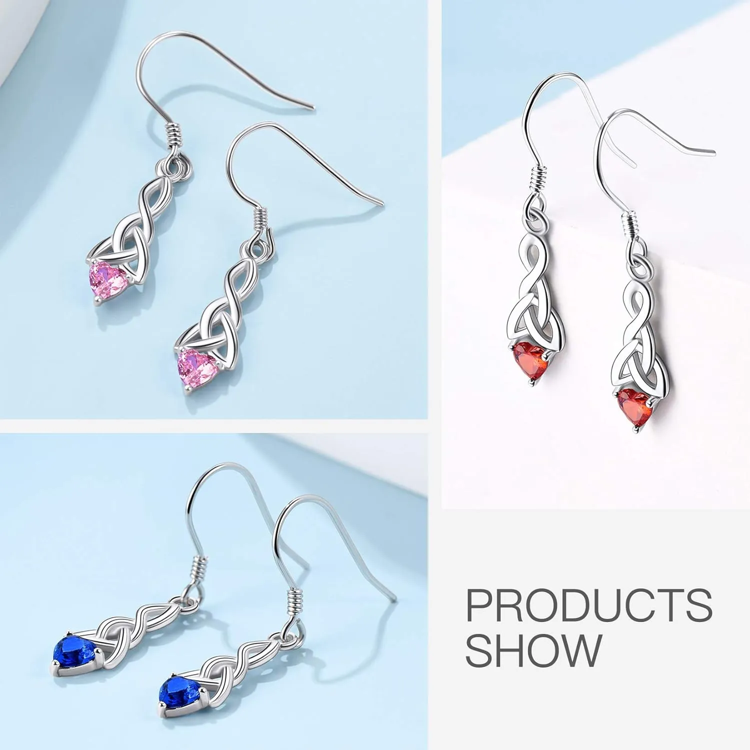 Suplight 925 Sterling Silver Dainty Celtic Knot Heart Dangle Earrings/Pendant Necklace with Birthstone, Irish Celtic Jewelry for Women (with Gift Box)