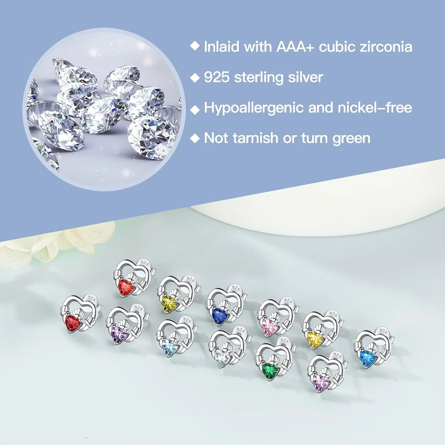 Suplight 925 Sterling Silver Dainty Celtic Knot/Claddagh Heart Earrings with Birthstone, Irish Celtic Jewelry for Women (with Gift Box)