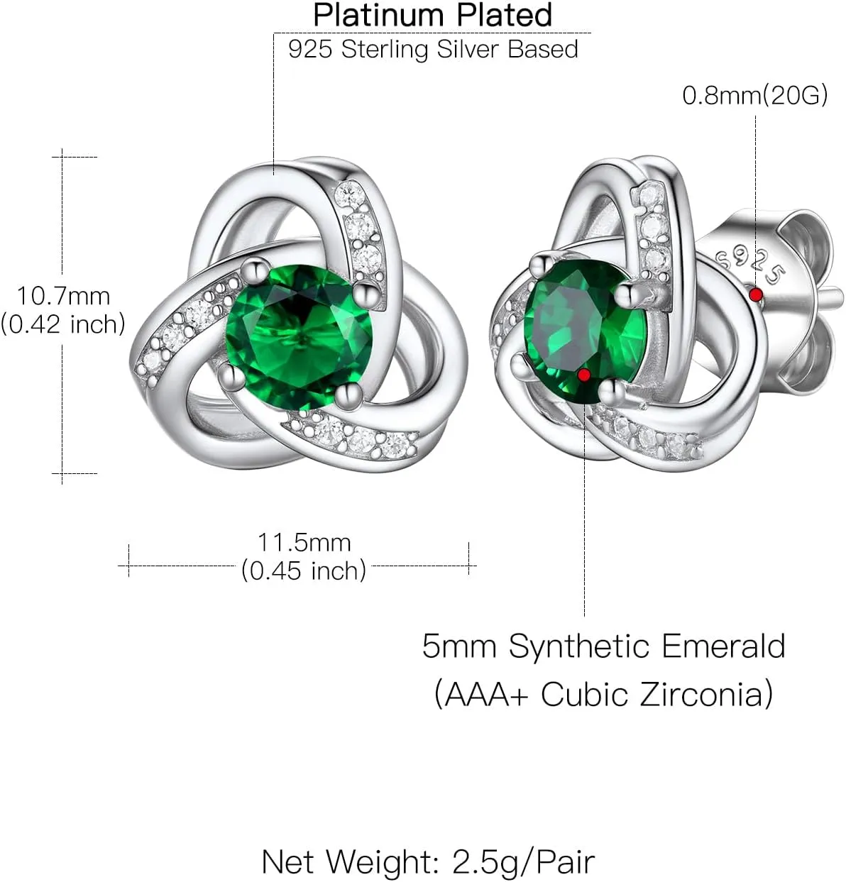 Suplight Love Knot Birthstone Earrings for Women, S925 Sterling Silver Earrings Flat Back Diamond Stud Earrings Christmas Gifts for Women Emerald Sapphire Earrings Birthday Gifts for Women Wife Mom