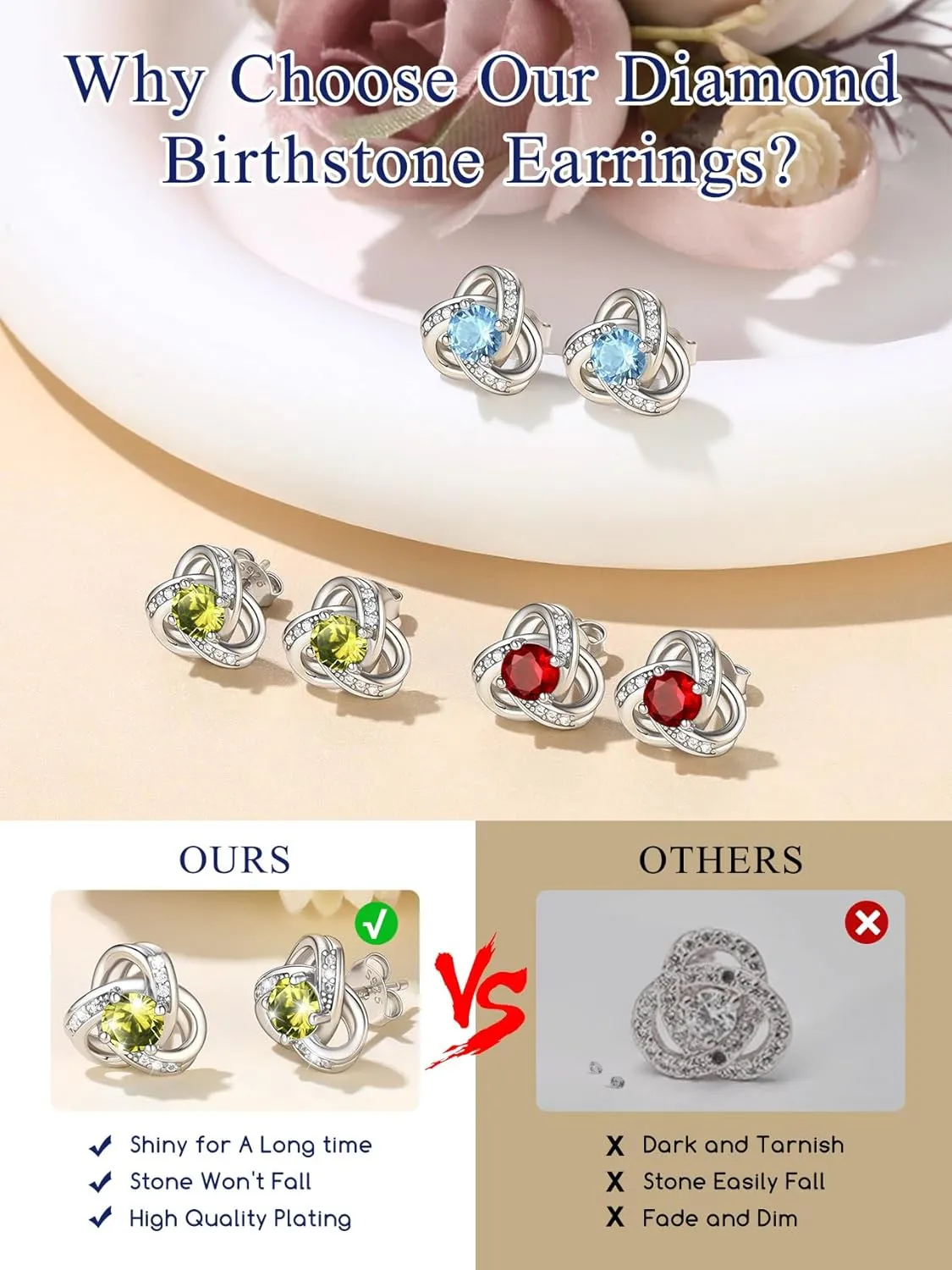 Suplight Love Knot Birthstone Earrings for Women, S925 Sterling Silver Earrings Flat Back Diamond Stud Earrings Christmas Gifts for Women Emerald Sapphire Earrings Birthday Gifts for Women Wife Mom