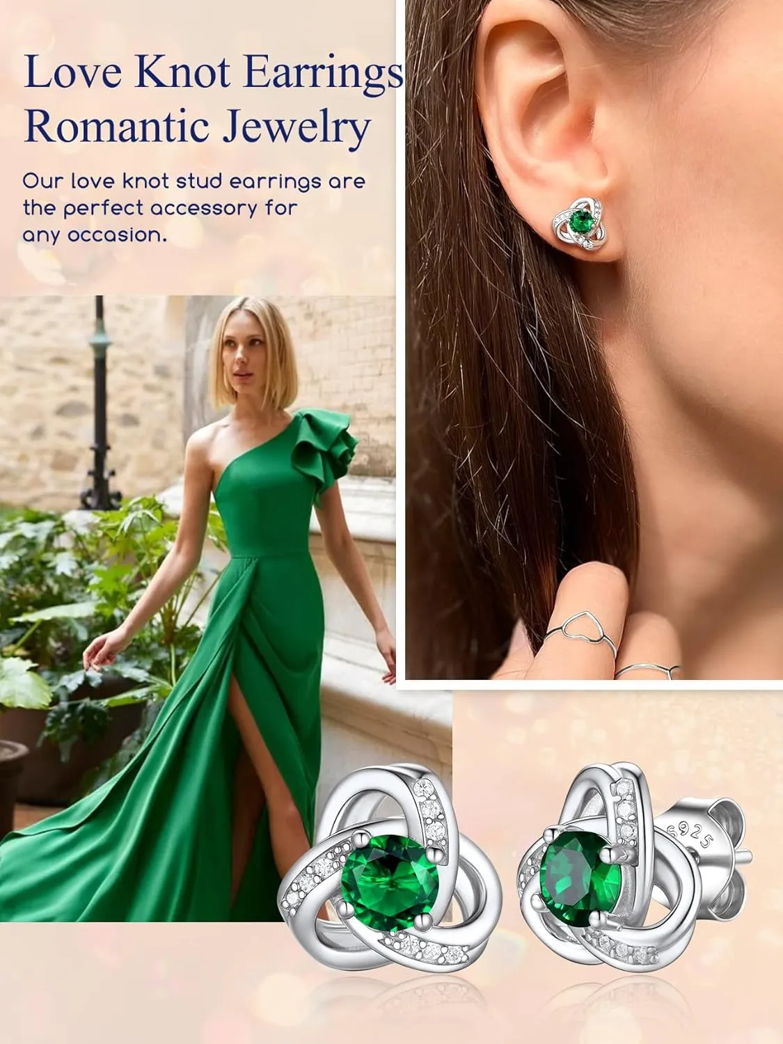 Suplight Love Knot Birthstone Earrings for Women, S925 Sterling Silver Earrings Flat Back Diamond Stud Earrings Christmas Gifts for Women Emerald Sapphire Earrings Birthday Gifts for Women Wife Mom