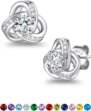Suplight Love Knot Birthstone Earrings for Women, S925 Sterling Silver Earrings Flat Back Diamond Stud Earrings Christmas Gifts for Women Emerald Sapphire Earrings Birthday Gifts for Women Wife Mom