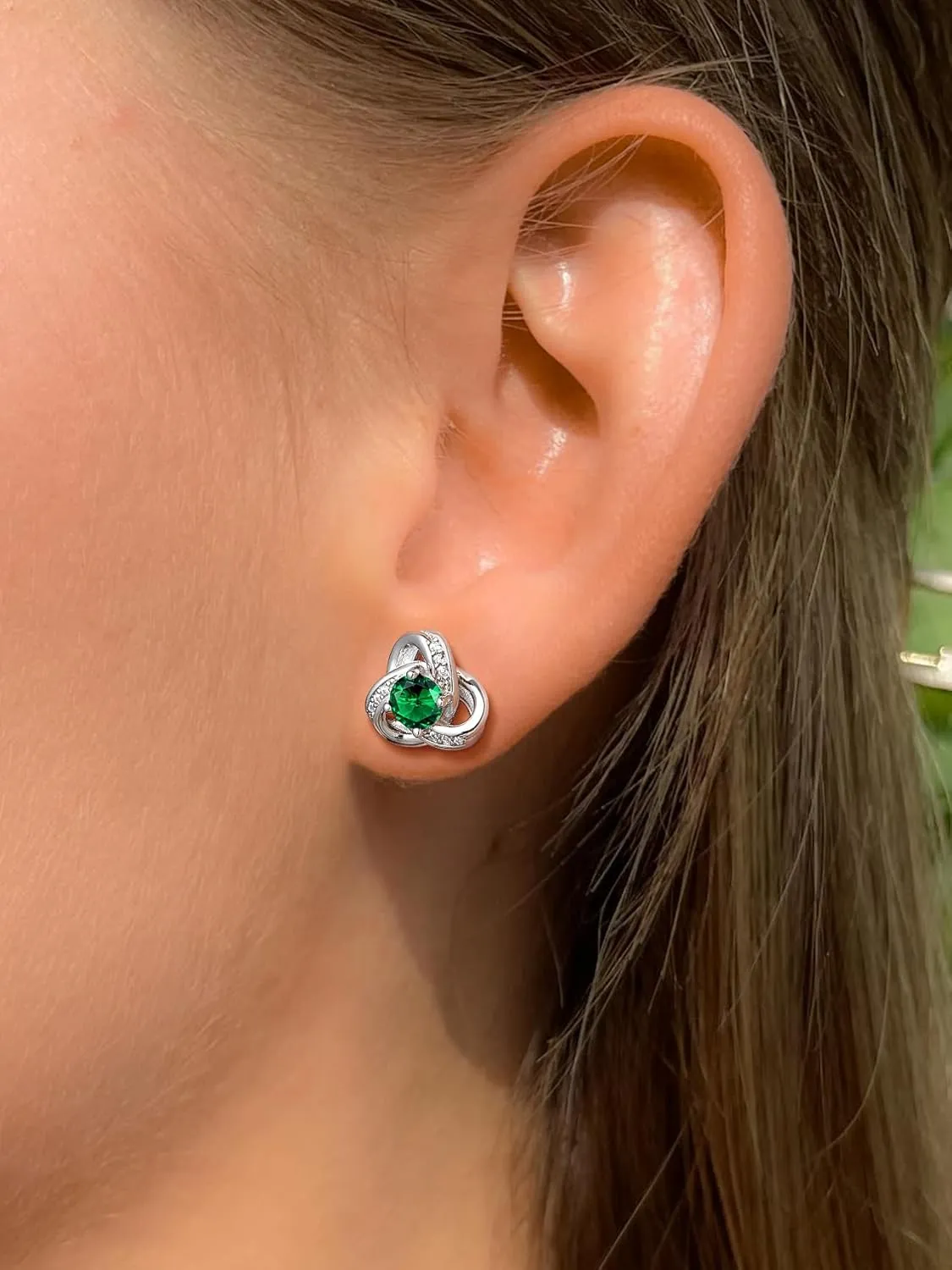 Suplight Love Knot Birthstone Earrings for Women, S925 Sterling Silver Earrings Flat Back Diamond Stud Earrings Christmas Gifts for Women Emerald Sapphire Earrings Birthday Gifts for Women Wife Mom