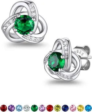 Suplight Love Knot Birthstone Earrings for Women, S925 Sterling Silver Earrings Flat Back Diamond Stud Earrings Christmas Gifts for Women Emerald Sapphire Earrings Birthday Gifts for Women Wife Mom