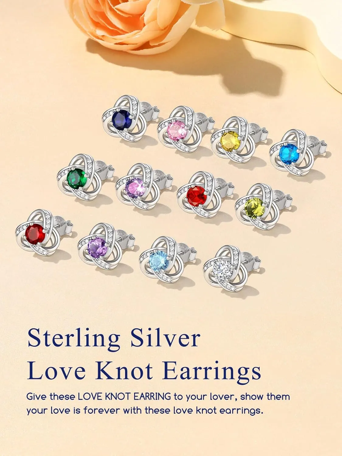 Suplight Love Knot Birthstone Earrings for Women, S925 Sterling Silver Earrings Flat Back Diamond Stud Earrings Christmas Gifts for Women Emerald Sapphire Earrings Birthday Gifts for Women Wife Mom