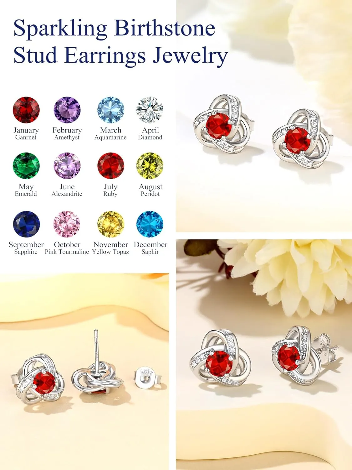 Suplight Love Knot Birthstone Earrings for Women, S925 Sterling Silver Earrings Flat Back Diamond Stud Earrings Christmas Gifts for Women Emerald Sapphire Earrings Birthday Gifts for Women Wife Mom