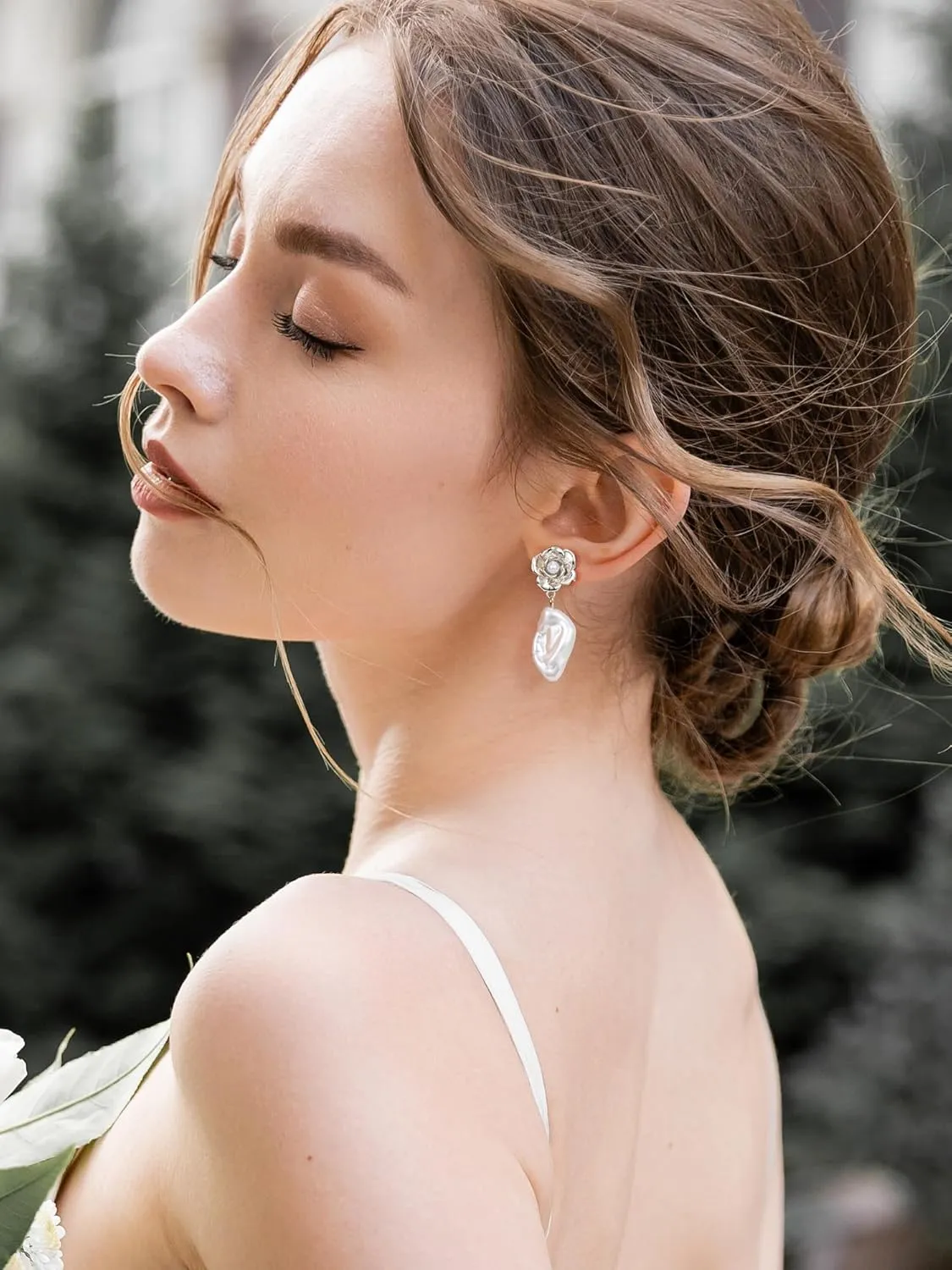SWEETV Baroque Pearl Drop Earrings for Women, Floral Pearl Wedding Earrings for Brides, Bridal Dangle Earrings for Women Prom Party Jewelry Gifts
