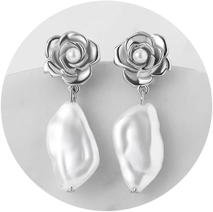SWEETV Baroque Pearl Drop Earrings for Women, Floral Pearl Wedding Earrings for Brides, Bridal Dangle Earrings for Women Prom Party Jewelry Gifts