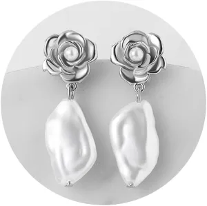 SWEETV Baroque Pearl Drop Earrings for Women, Floral Pearl Wedding Earrings for Brides, Bridal Dangle Earrings for Women Prom Party Jewelry Gifts