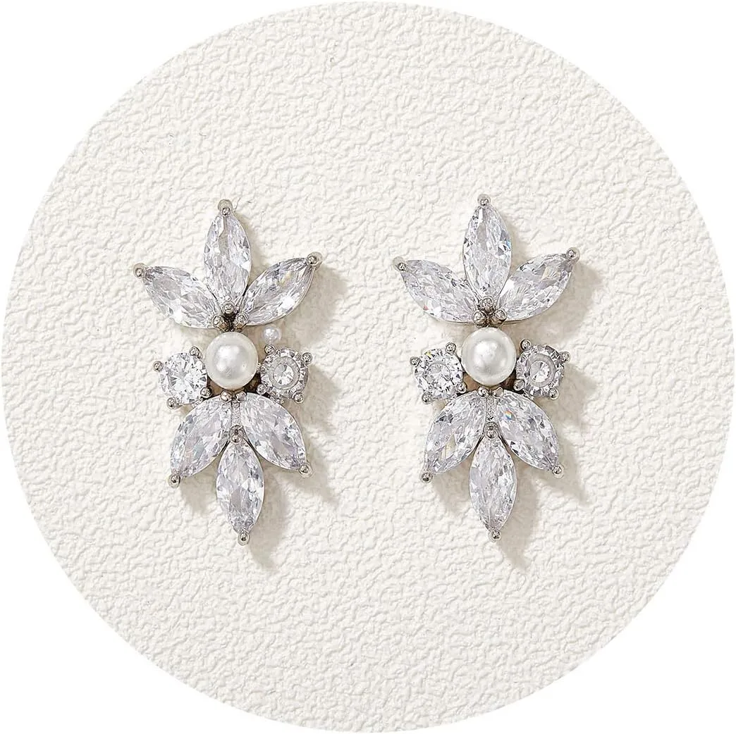 SWEETV Marquise Cubic Zirconia Wedding Bridal Stud Earrings for Brides Bridesmaids, Crystal Pearl Rhinestone Stud Earrings for Women Prom Party Jewelry Gifts