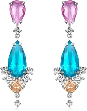Teardrop Crystal Dangle Drop Earrings for Women Colorful Flower Chandelier Iridescence Cubic Zirconia Vintage Statement Wedding Earrings Mom Wife Prom
