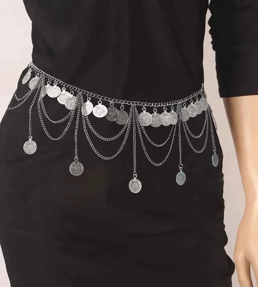 tenghong2021 Gold Silver Coin Pendant Waist Chain Tassel Layered Chain Belt Waist Jewelry for Women Girls