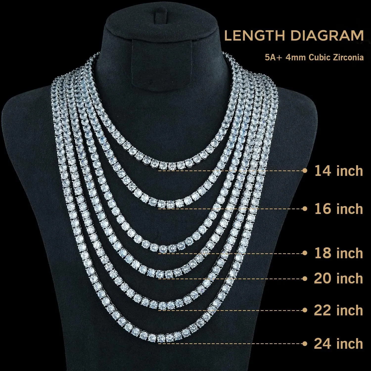 Tennis Necklace 18K White Gold Plated | 4.0mm Round Cubic Zirconia Cut Faux Diamond Tennis Chain for Women and Men