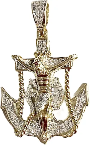 TGDJ Solid 10k Yellow Gold 0.28ct Jesus Cross Mariner Charm Anchor Crucifix Diamond Pendant