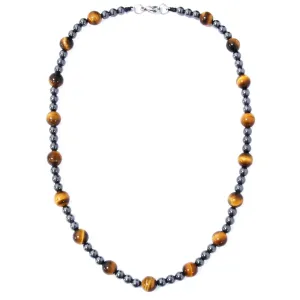 Tigers Eye Crystal Beaded Necklace - Onesmek Genuine Tiger Eye Hematite Bead Necklace for Men, Protection Energy Stone Beads Men's Necklaces Jewelry Birthday Fathers Gifts for Dad Husband