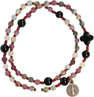 Tourmaline & Onyx 5-Decade Rosary Bracelet - Natural 3mm Tourmaline Gemstones, Black Onyx Accents, Cross & Marian Medal - 14-inch Stretch Wrap, Handmade Spiritual Jewelry from South Korea
