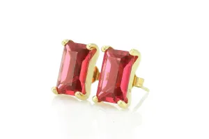 Tourmaline Rectangle Gold Stud Earrings - October Birthstone, Dainty Emerald Cut Pink Tourmaline - Gold Filled Prong Bridal and Minimalist Earrings