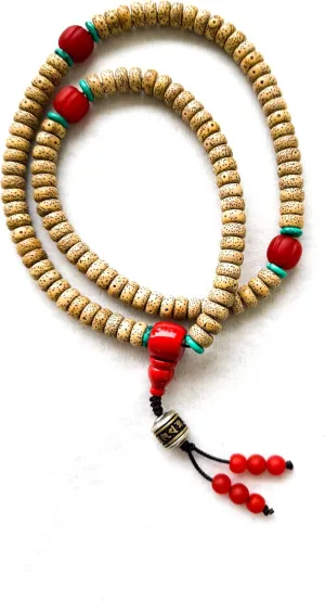 Traditional Tibetan Mala Prayer Beads, 108 White Bodhi Seeds with Red Nan Hong Agate, Turquise Spacers, Handcrafted Buddhist Necklace