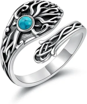 Tree of Life Spoon Ring - Sterling Silver Vintage Turquoise Celtic Knot Rings Adjustable Thumb Jewelry Gifts for Women