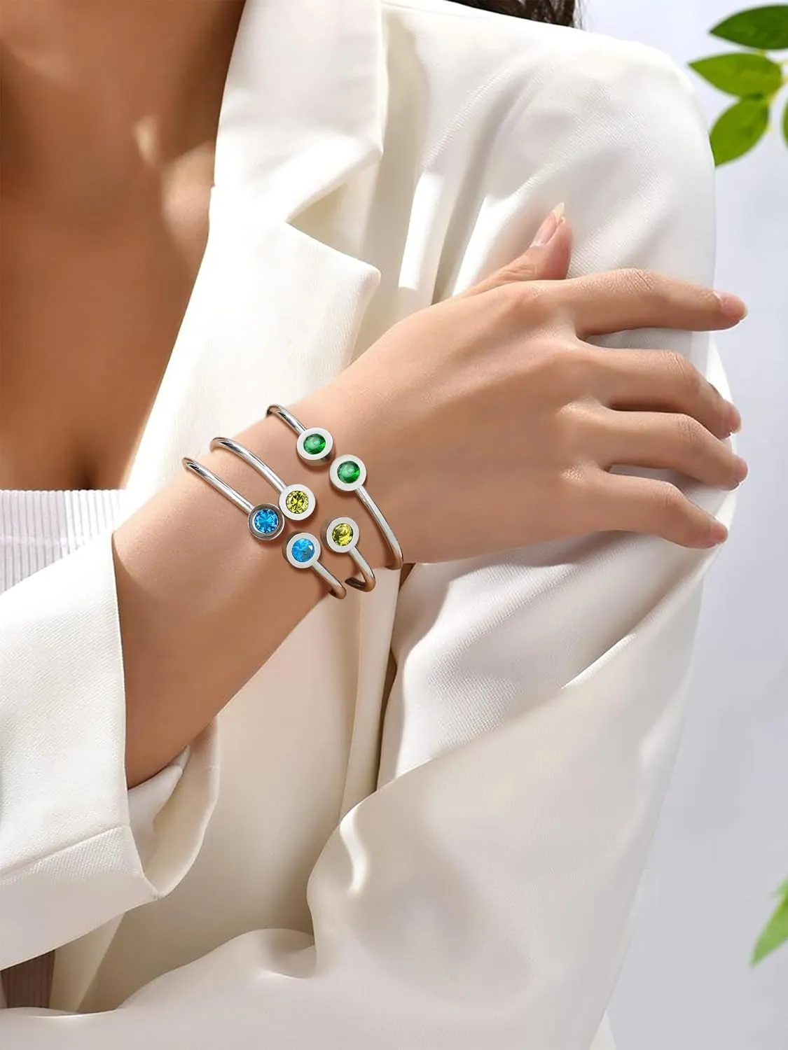 Trendy Stainless Steel/Gold Plated Birthstone Bangle Bracelet for Women Cuff Bracelets Birthday/Valentine's Day Jewelry(with Box)