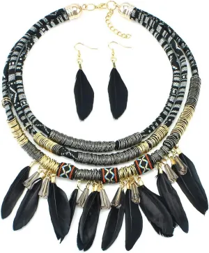 Tribal Choker Necklace and Feather Earrings Set for Women,Boho Chunky Layered Bib Necklace African Ethnic Necklace,Woven Layering Collar Necklace Cleopatra Costumes Statement Fashion Jewelry
