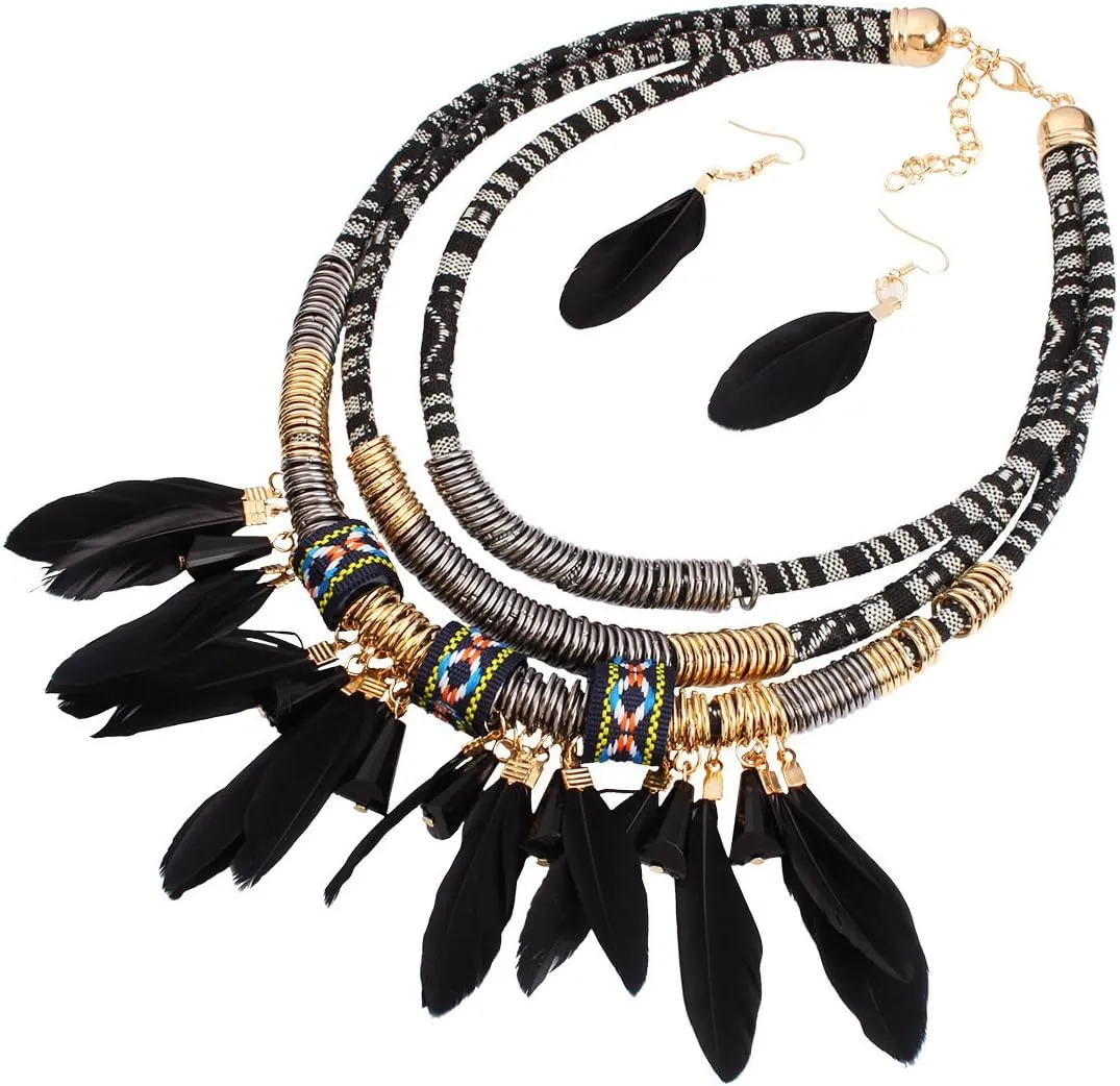 Tribal Choker Necklace and Feather Earrings Set for Women,Boho Chunky Layered Bib Necklace African Ethnic Necklace,Woven Layering Collar Necklace Cleopatra Costumes Statement Fashion Jewelry
