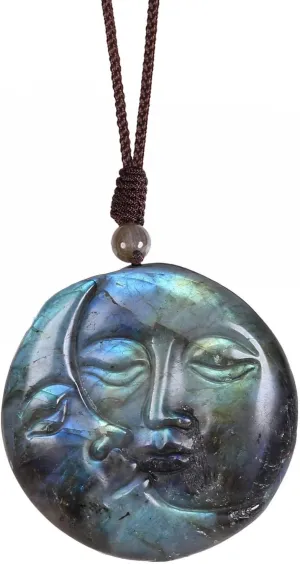 TUMBEELLUWA Natural Labradorite Pendant Necklace for Unisex Handcrafted Crystal Stone Amulet Necklace with Adjustable Cord