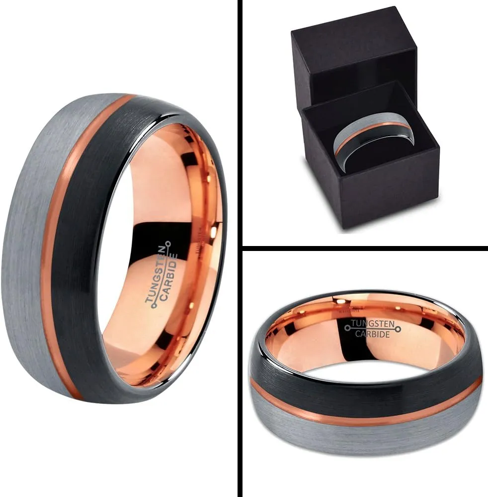 Tungsten Wedding Band Ring 8mm for Men Women 18k Rose Yellow Gold Plated Dome Off Set Line Black Grey Half Brushed Polished